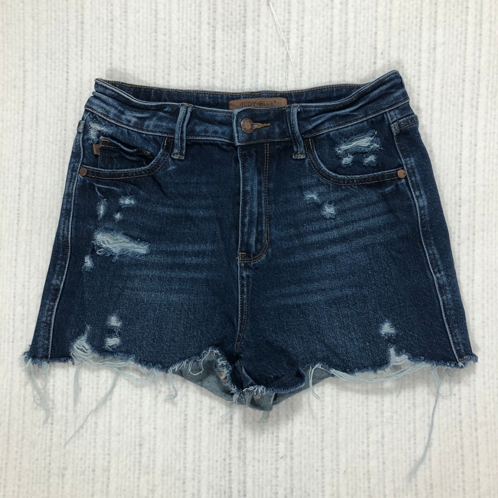 Judy Blue Distressed Dark Wash Denim Shorts High Rise Raw Hem JB150257 DK Size M